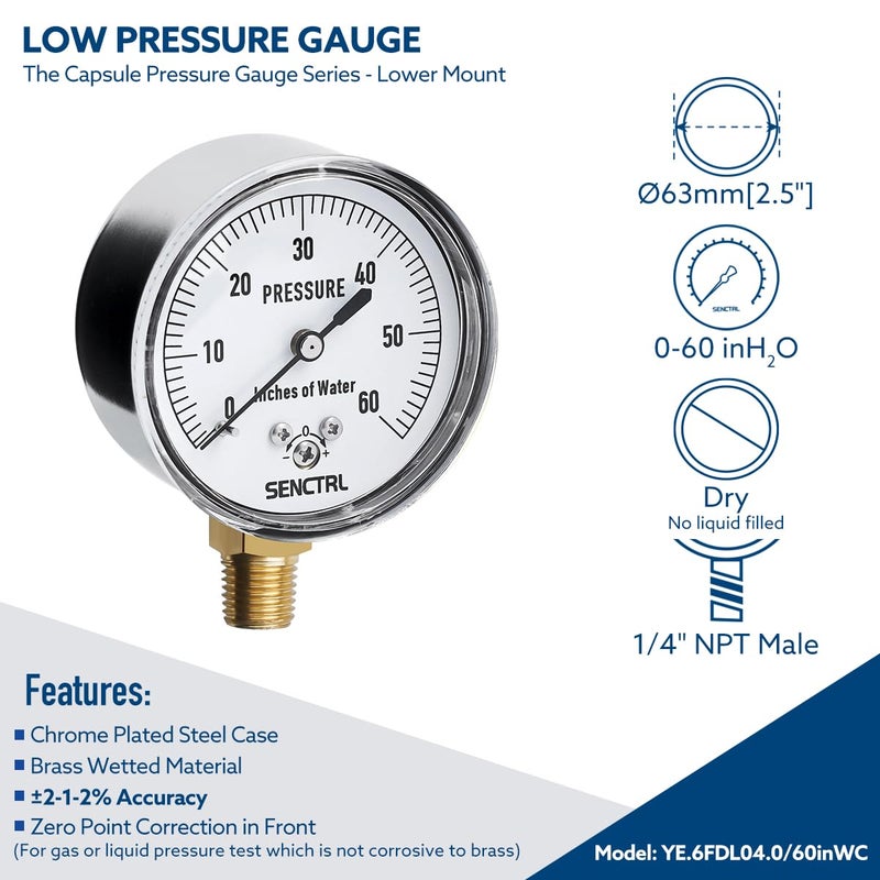 senctrl 0-60 Inches of Water Column Gauge, Low Pressure Capsule Gauge, 2-1/2" Dial Size, 1/4" NPT Lower Mount, Zero Adjustment, for Air Water Gas Pressure Test - Image 2